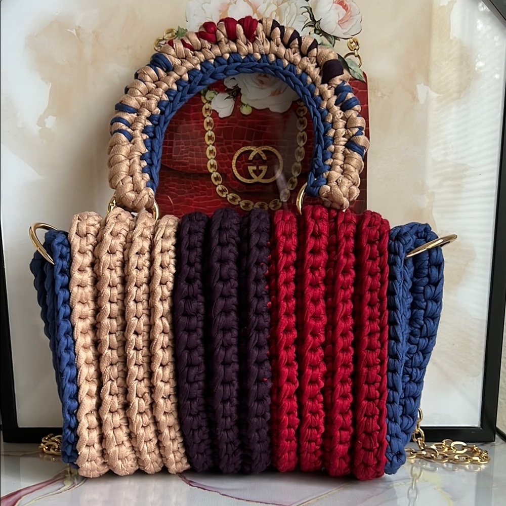 Hand Crafted Multicolor Top Handle Crochet Handbag - Picture 2 of 15